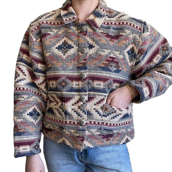 Vintage Womens 90s Tan Trums Geometric Southwestern Boho Aztec Cropped Jacket - Picture 5 of 9